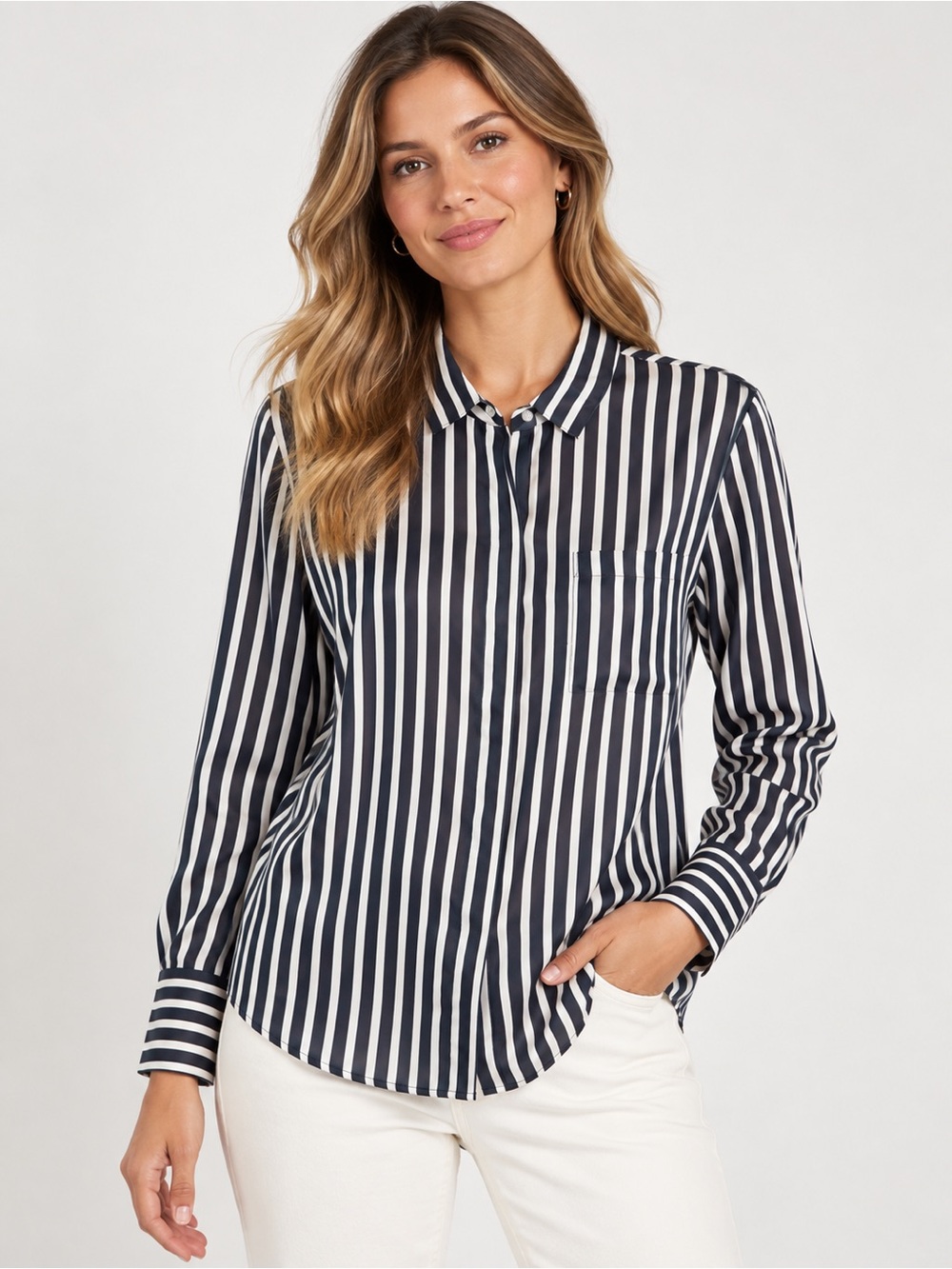 Banana Republic Navy & White Vertical Stripe Button-Down Blouse